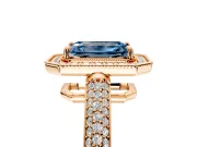 Milgrain Halo Engagement Ring Setting for Fancy Blue Emerald Cut Center with Three-Sided Pave Band and Prong Head in Rose Gold