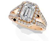 Halo Engagement Ring Setting for Emerald Cut Center with Narrow Pave Split Shank and Prong Head in Rose Gold