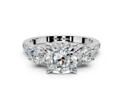 3 Stone Engagement Ring Setting for Cushion Cut Center with Crossover Basket, Pave Band and Prong Head in White Gold