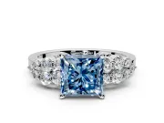 Cluster Engagement Ring Setting for Fancy Blue Princess Cut Center with 2-Row Shoulder Clusters and Prong Head in Platinum