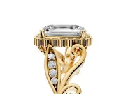 Halo Engagement Ring Setting for Emerald Cut Center with Leaf Motif Split Shank and Prong Head in Yellow Gold