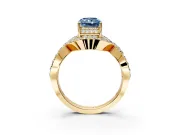 Halo Engagement Ring Setting for Fancy Blue Radiant Cut Center with Pave Infinity Twist Band and Prong Head in Yellow Gold