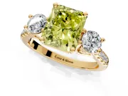 3 Stone Engagement Ring Setting for Fancy Yellow Radiant Cut Center with Crossover Basket, Pave Band and Prong Head in Yellow Gold