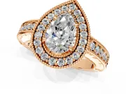 Milgrain Halo Engagement Ring Setting for Pear-Shaped Center with Pave Band and Prong Head in Rose Gold