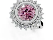 Halo Engagement Ring Setting for Fancy Pink Round Cut Center with Milgrain Bezel Rim, Plain Band and Prong Head in White Gold