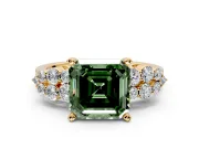 Cluster Engagement Ring Setting for Fancy Green Asscher Cut Center with 2-Row Shoulder Clusters and Prong Head in Yellow Gold