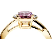 3 Stone Engagement Ring Setting for Fancy Pink Emerald Cut Center with Low-Set Round Cut Accents and Prong Head in Yellow Gold