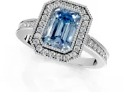 Halo Engagement Ring Setting for Fancy Blue Emerald Cut Center with Milgrain Halo, Pave Band and Prong Head in Sterling Silver