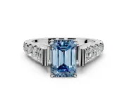 Solitaire Engagement Ring Setting for Fancy Blue Emerald Cut Center with Pave Cathedral Shoulders and Prong Head in White Gold
