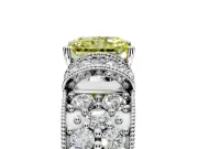 Pave Engagement Ring Setting for Fancy Yellow Radiant Cut Center with Curved Accent Rows, Openwork and Prong Head in White Gold