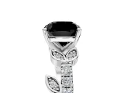 Leaf Motif Engagement Ring Setting for Fancy Black Cushion Cut Center with Pave Band and Prong Head in Platinum