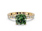 Solitaire Engagement Ring Setting for Fancy Green Cushion Cut Center with Round Cut Pave Band and Prong Head in Yellow Gold