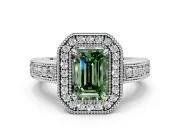 Milgrain Halo Engagement Ring Setting for Fancy Green Emerald Cut Center with Pave Band and Prong Head in White Gold