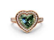 Halo Engagement Ring Setting for Fancy Green Heart-Shaped Center with Outer Bezel Rim, Pave Band and Prong Head in Rose Gold