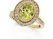 Halo Engagement Ring Setting for Fancy Yellow Oval Center with Milgrain Frame, Pave Band and Prong Head in Yellow Gold