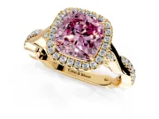 Halo Engagement Ring Setting for Fancy Pink Cushion Cut Center with Twist Band and Prong Head in Yellow Gold