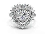 Halo Engagement Ring Setting for Heart-Shaped Center with Milgrain Bezel Rim, Plain Band and Prong Head in Sterling Silver
