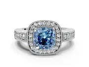 Milgrain Halo Engagement Ring Setting for Fancy Blue Cushion Cut Center with Pave Band and Prong Head in Platinum