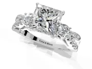 3 Stone Engagement Ring Setting for Princess Cut Center with Pave Split Shank and Prong Head in Platinum