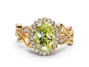 Halo Engagement Ring Setting for Fancy Yellow Oval Center with Leaf Motif Split Shank and Prong Head in Yellow Gold