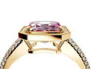 Milgrain Halo Engagement Ring Setting for Fancy Pink Asscher Cut Center with Three-Sided Pave Band and Prong Head in Yellow Gold
