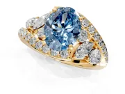 Halo Engagement Ring Setting for Fancy Blue Oval Center with Marquise and Pave Bypass Band and Prong Head in Yellow Gold