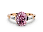 3 Stone Engagement Ring Setting for Fancy Pink Oval Center with Baguette Accents and Prong Head in Rose Gold