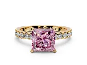 Solitaire Engagement Ring Setting for Fancy Pink Princess Cut Center with Large Accents and Prong Head in Yellow Gold