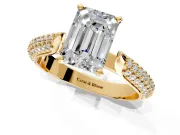 Solitaire Engagement Ring Setting for Emerald Cut Center with Multi-Row Accents and Prong Head in Yellow Gold