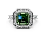 Halo Engagement Ring Setting for Fancy Green Asscher Cut Center with Milgrain Pave Band and Bezel Head in White Gold