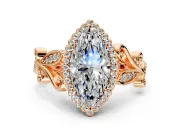 Halo Engagement Ring Setting for Marquise Center with Leaf Motif Split Shank and Prong Head in Rose Gold