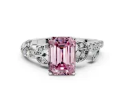 Leaf Motif Engagement Ring Setting for Fancy Pink Emerald Cut Center with Pave Band and Prong Head in Platinum