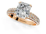 Solitaire Engagement Ring Setting for Radiant Cut Center with Multi-Row Pave Accents and Basket Head in Rose Gold
