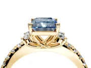 Paired Accent Engagement Ring Setting for Fancy Blue Radiant Cut Center with Pave Band and Prong Head in Yellow Gold