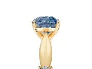 Solitaire Engagement Ring Setting for Fancy Blue Cushion Cut Center with Carved Leaf Shoulders and Prong Head in Yellow Gold
