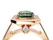 Halo Engagement Ring Setting for Fancy Green Radiant Cut Center with Outer Bezel Rim, Pave Band and Prong Head in Rose Gold