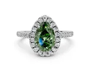Halo Engagement Ring Setting for Fancy Green Pear-Shaped Center with Raised Halo, Pave Band and Prong Head in Platinum