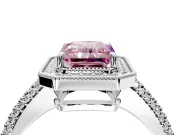 Milgrain Halo Engagement Ring Setting for Fancy Pink Radiant Cut Center with Three-Sided Pave Band and Prong Head in White Gold