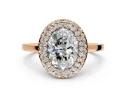 Halo Engagement Ring Setting for Oval Center with Plain Tapered Band and Prong Head in Rose Gold