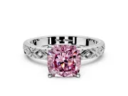 Solitaire Engagement Ring Setting for Fancy Pink Cushion Cut Center with Milgrain X Pattern Band and Prong Head in Platinum