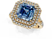 Double Halo Engagement Ring Setting for Fancy Blue Asscher Cut Center with Narrow Pave Split Shank and Prong Head in Yellow Gold