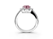 Milgrain Halo Engagement Ring Setting for Fancy Pink Round Cut Center with Three-Sided Pave Band and Prong Head in Platinum