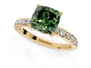 Solitaire Engagement Ring Setting for Fancy Green Cushion Cut Center with Round Cut Pave Band and Prong Head in Yellow Gold