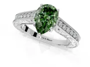 Solitaire Engagement Ring Setting for Fancy Green Pear-Shaped Center with Engraved Pave Band and Prong Head in Sterling Silver