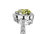 Halo Engagement Ring Setting for Fancy Yellow Heart-Shaped Center with Heart-Shaped Openwork, Pave Band and Prong Head in White Gold
