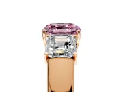 3 Stone Engagement Ring Setting for Fancy Pink Asscher Cut Center with Raised Basket Heads and Prong Head in Rose Gold