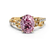 Leaf Motif Engagement Ring Setting for Fancy Pink Oval Center with Pave Band and Prong Head in Yellow Gold