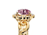 Halo Engagement Ring Setting for Fancy Pink Round Cut Center with Open Scroll Shoulders and Prong Head in Yellow Gold