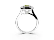 Halo Engagement Ring Setting for Fancy Yellow Emerald Cut Center with Milgrain Frame, Pave Band and Prong Head in Platinum