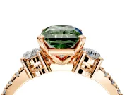3 Stone Engagement Ring Setting for Fancy Green Radiant Cut Center with Round Cut Side Accents and Prong Head in Rose Gold